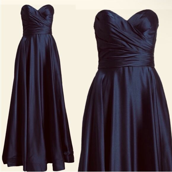 La Femme 28608 Strapless Slit Satin Ballgown sweetheart navy Size 14 NWT - Picture 3 of 5